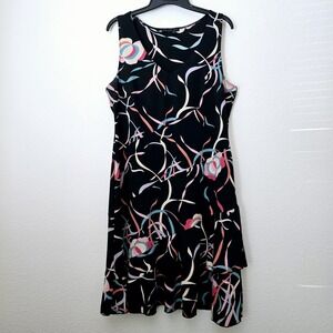 Women's Black Bias Cut Floral Midi Dress XL Tier Lagenlook Chic Party Preppy